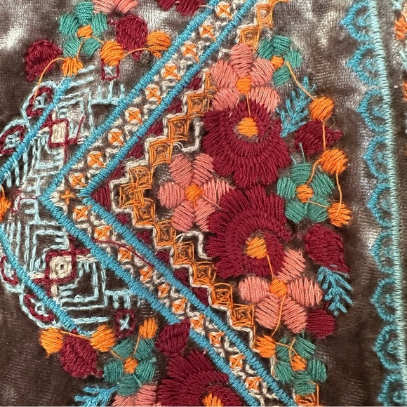 Andree Embroidered Crushed Velvet Kimono Boho Duster Women L Grey Floral Hippie - Picture 3 of 9